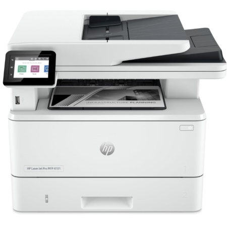 The HP LaserJet Pro MFP 4103fdw is a monochrome laser all-in-one printer designed for small to medium-sized businesses with high-volume printing needs. Known for its fast performance and reliable quality, this printer provides efficient printing, scanning, copying, and faxing, making it ideal for work environments that prioritize speed and productivity. Key Features: Fast, High-Quality Printing: Prints at speeds up to 40 pages per minute (ppm) in black and white, making it ideal for high-demand workflows. Produces professional-quality monochrome documents with crisp text, suitable for reports, invoices, and other business materials. Multifunction Capabilities: Offers print, scan, copy, and fax functions, providing a versatile solution for various document management tasks. Supports automatic two-sided (duplex) printing and scanning to enhance productivity and save paper. Advanced Security Features: Equipped with HP Wolf Security, providing built-in threat detection and security features to protect sensitive information. Includes PIN/Pull printing for secure document handling and data protection. Mobile and Wireless Printing Options: Supports mobile printing with compatibility for HP Smart App, Apple AirPrint, Google Cloud Print, and Wi-Fi Direct, allowing users to print from smartphones and tablets. Offers Ethernet, USB, and Wi-Fi connectivity for easy integration into networked environments. User-Friendly Touchscreen Interface: Features a 2.7-inch color touchscreen for easy navigation of settings and functions. Technical Specifications: Print Technology: Laser (monochrome) Print Speed: Up to 40 ppm (black) Print Resolution: Up to 1200 x 1200 dpi Paper Capacity: 250-sheet input tray, 100-sheet output bin ADF Capacity: 50 sheets Functions: Print, scan, copy, fax Connectivity: Wi-Fi, Ethernet, USB, mobile printing (AirPrint, Google Cloud Print, HP Smart App) Display: 2.7-inch color touchscreen Use Cases: Perfect for small to medium businesses that require high-speed monochrome printing with additional document handling functions. Ideal for teams that prioritize security and efficiency in handling confidential documents. Additional Information: Energy Star certified for eco-friendly and energy-efficient performance. Warranty options vary by region, typically including a limited hardware warranty. The HP LaserJet Pro MFP 4103fdw is an efficient, secure choice for businesses needing high-quality, high-speed monochrome printing with additional multifunction capabilities. Its robust security features and mobile-friendly options make it a practical addition to any productive office environment.